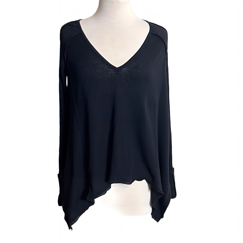 Free People Black Waffle Knit Shark Bite Hem Oversized Long Sleeve Soft Tunic XS